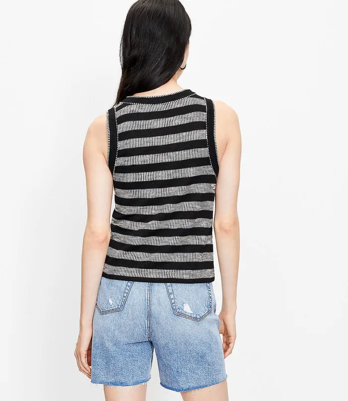 LOFT Petite Geo Striped Crew Neck Tank Top Black Women Petite Tops