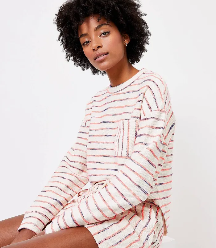 LOFT Petite Lou and Grey Neon Striped Terry Pocket Top Shocking Coral Women Petite Tops