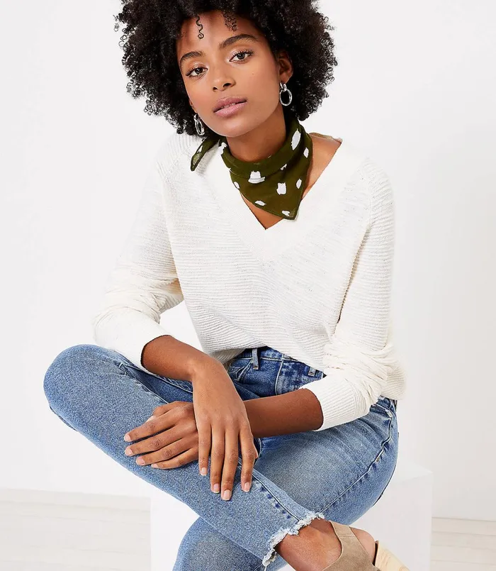 LOFT Petite Raglan VNeck Sweater Whisper White Women Petite Sweaters