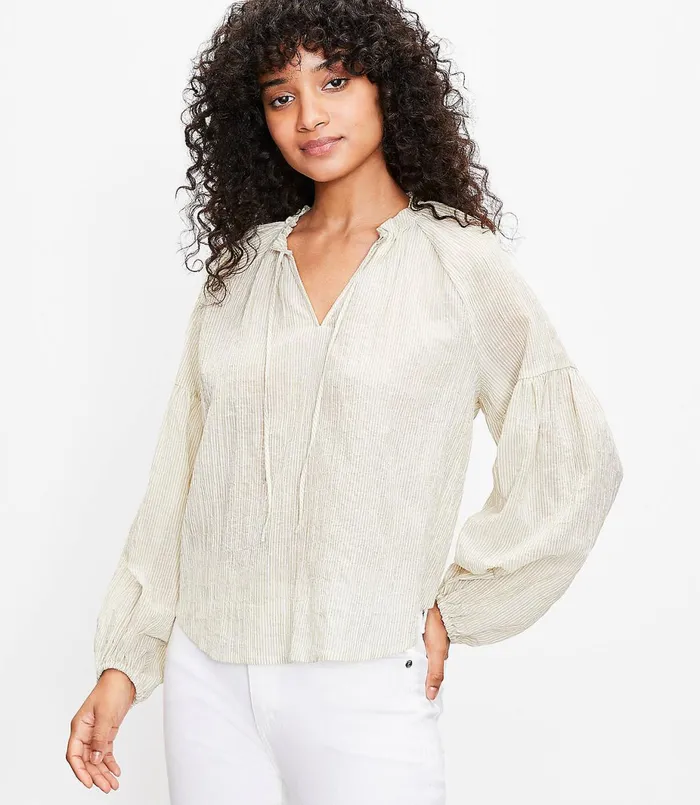 LOFT Petite Striped Split Neck Blouse Mojito Green Women Petite Tops