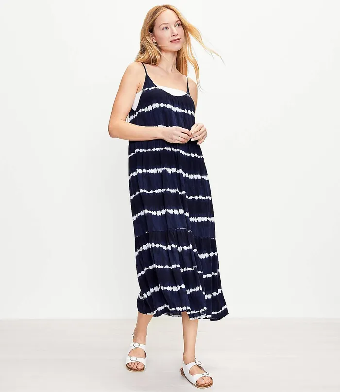 LOFT Petite Tie Dye Strappy Tiered Midi Dress Forever Navy Women Petite Dresses LOFT Petite Tie Dye Strappy Tiered Midi Dress Forever Navy Women Petite Dresses