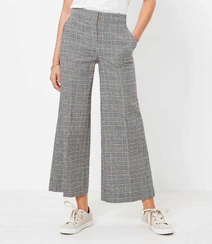 LOFT Petite Wide Leg Crop Pants In Plaid Blackwhite Multi Women Petite Pants