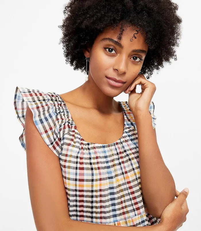 LOFT Plaid Tiered Flutter Sleeve Midi Dress Whisper White Women Swing Dresses