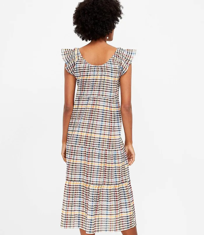 LOFT Plaid Tiered Flutter Sleeve Midi Dress Whisper White Women Swing Dresses