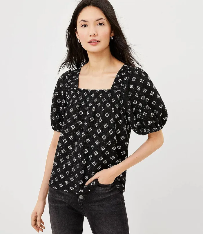 LOFT Puff Sleeve Square Neck Top Black Women Tops