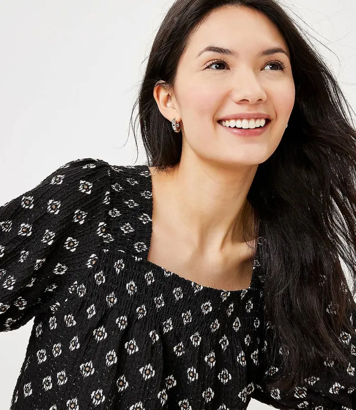 LOFT Puff Sleeve Square Neck Top Black Women Tops