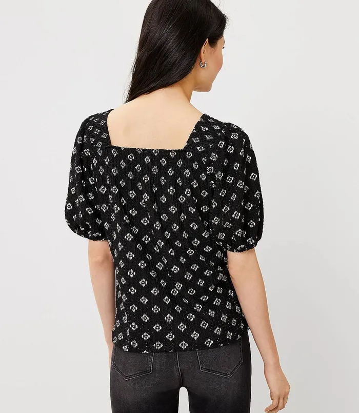 LOFT Puff Sleeve Square Neck Top Black Women Tops