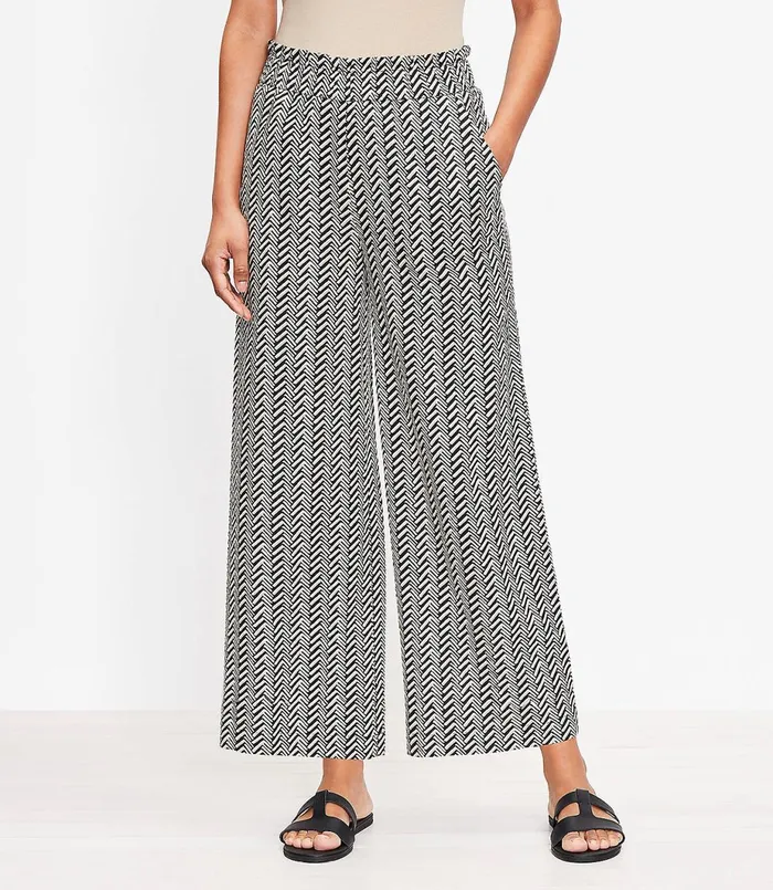 LOFT Pull On Wide Leg Pants In Chevron Linen Blend Black Women Pants