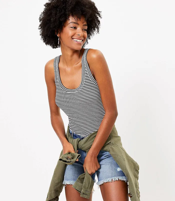 LOFT Striped Scoop Neck Tank Black Women Tees