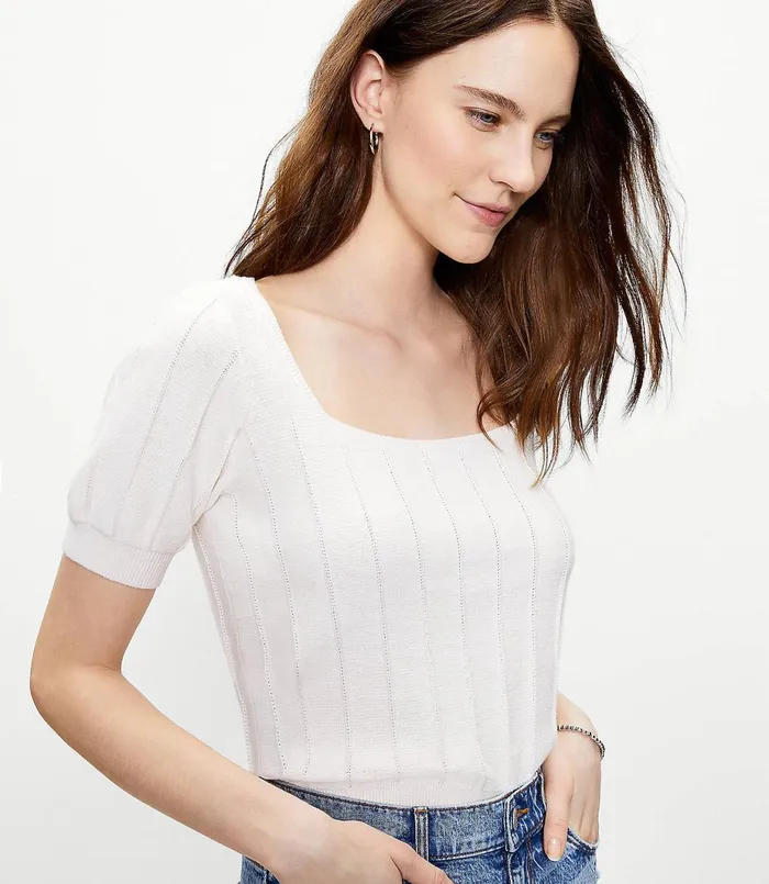 LOFT Textured Square Neck Sweater Tee Forever Navy Women Loungewear