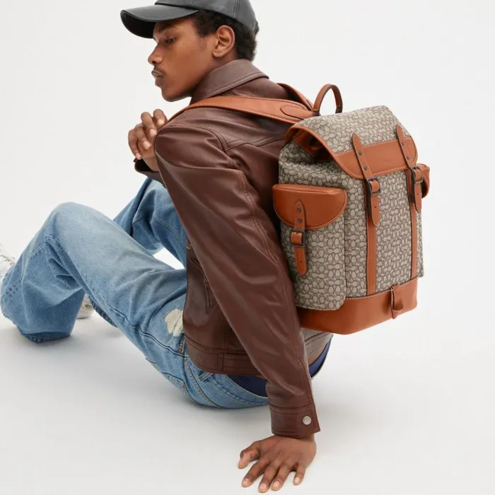 Men Backpacks Coach Hitch Backpack In Micro Signature Jacquard Cocoaburnished Amber