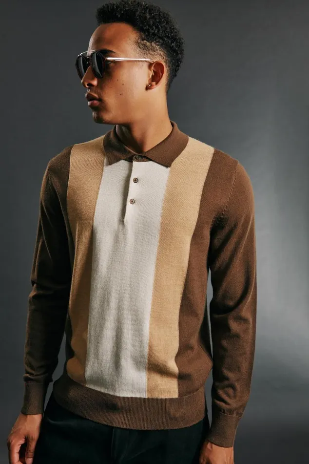 Men Ben Sherman Mod Knit Polos Block Stripe Merino Knit Polo 8211 Chocolate