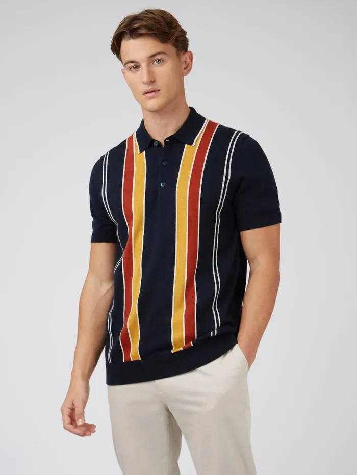 Men Ben Sherman Mod Knit Polos Signature Mod Knit Stripe Polo 8211 Navy