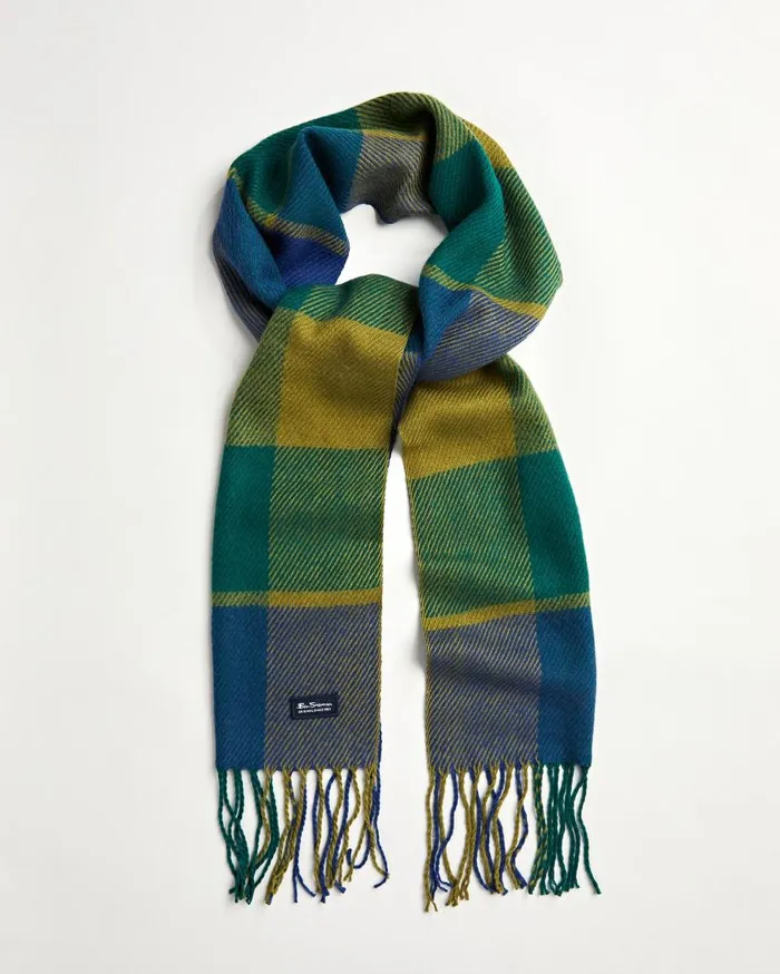 Men Ben Sherman Scarves and Cold Weather Woven Plaid Scarf 8211 Blue DepthsRainforest
