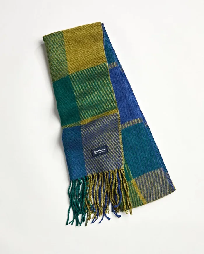 Men Ben Sherman Scarves and Cold Weather Woven Plaid Scarf 8211 Blue DepthsRainforest
