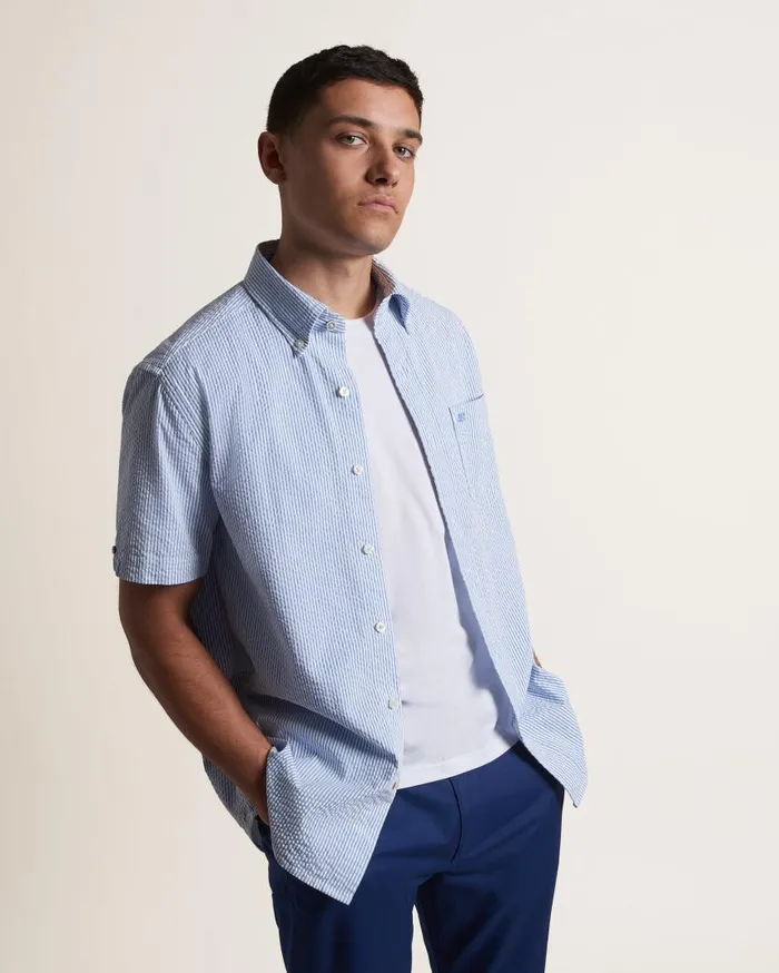 Men Ben Sherman Short Sleeve Shirts Seersucker Short Sleeve Bengal Stripe Shirt 8211 Light BlueEcru