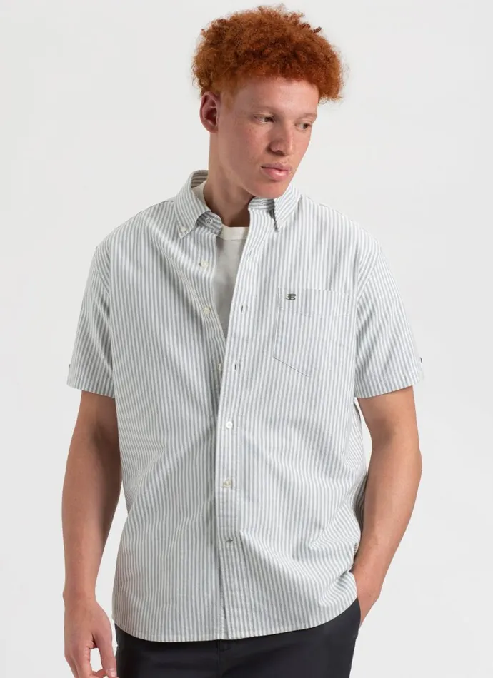 Men Ben Sherman Short Sleeve Shirts Short Sleeve Brighton Oxford Organic Shirt 8211 Forest Green Bengal Stripe