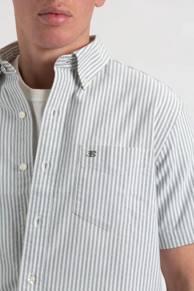 Men Ben Sherman Short Sleeve Shirts Short Sleeve Brighton Oxford Organic Shirt 8211 Forest Green Bengal Stripe