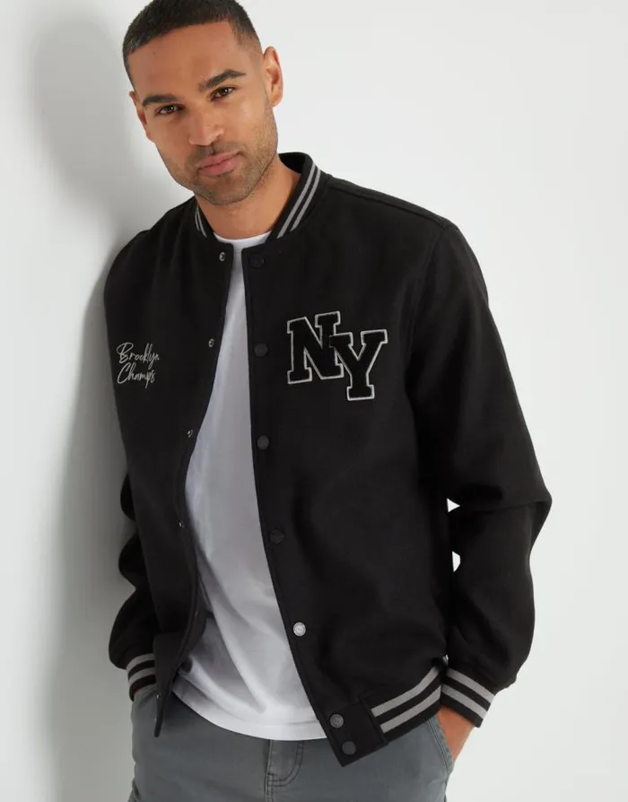 Men Black NY Varsity Bomber Jacket Threadbare Jackets