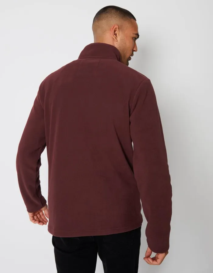 Men Burgundy Quarter Zip Fleece Sweatshirt Threadbare Jumpers