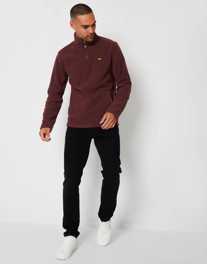 Men Burgundy Quarter Zip Fleece Sweatshirt Threadbare Jumpers