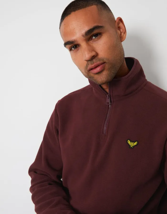 Men Burgundy Quarter Zip Fleece Sweatshirt Threadbare Jumpers