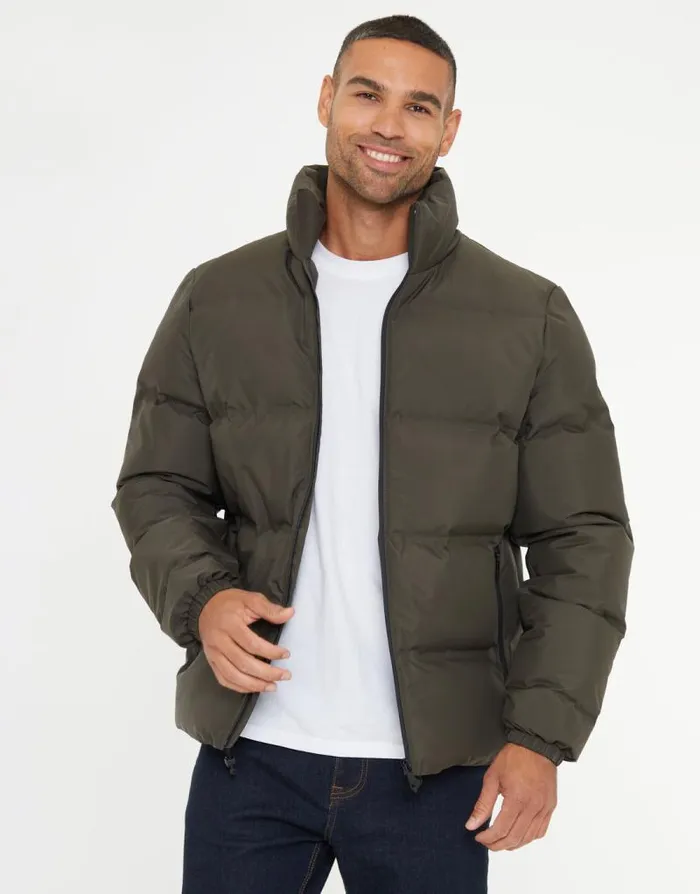 Men Khaki Funnel Neck Puffer Jacket Threadbare Coats