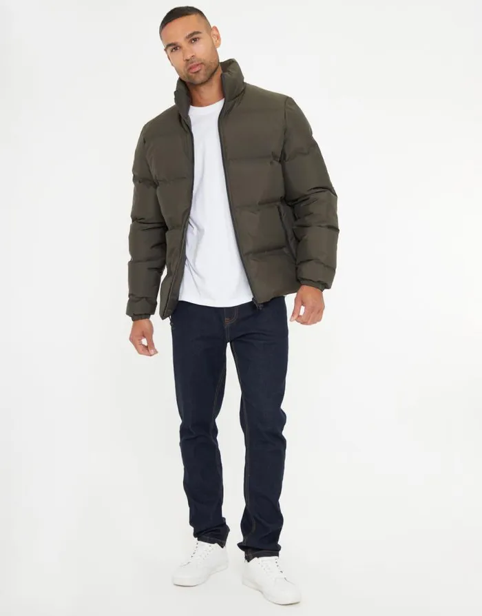 Men Khaki Funnel Neck Puffer Jacket Threadbare Coats Men Khaki Funnel Neck Puffer Jacket Threadbare Coats