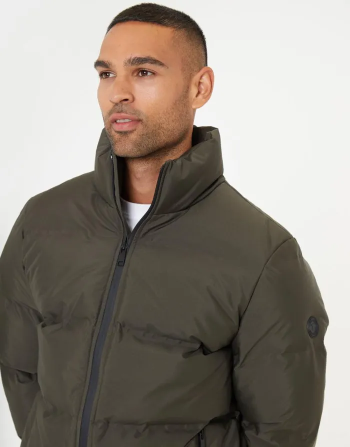 Men Khaki Funnel Neck Puffer Jacket Threadbare Coats Men Khaki Funnel Neck Puffer Jacket Threadbare Coats