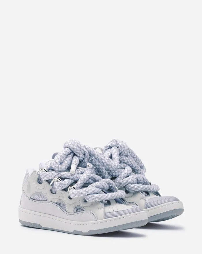 Men Lanvin Curb Curb Sneakers In Leather With Snake Laces Whitegrey Men Lanvin Curb Curb Sneakers In Leather With Snake Laces Whitegrey