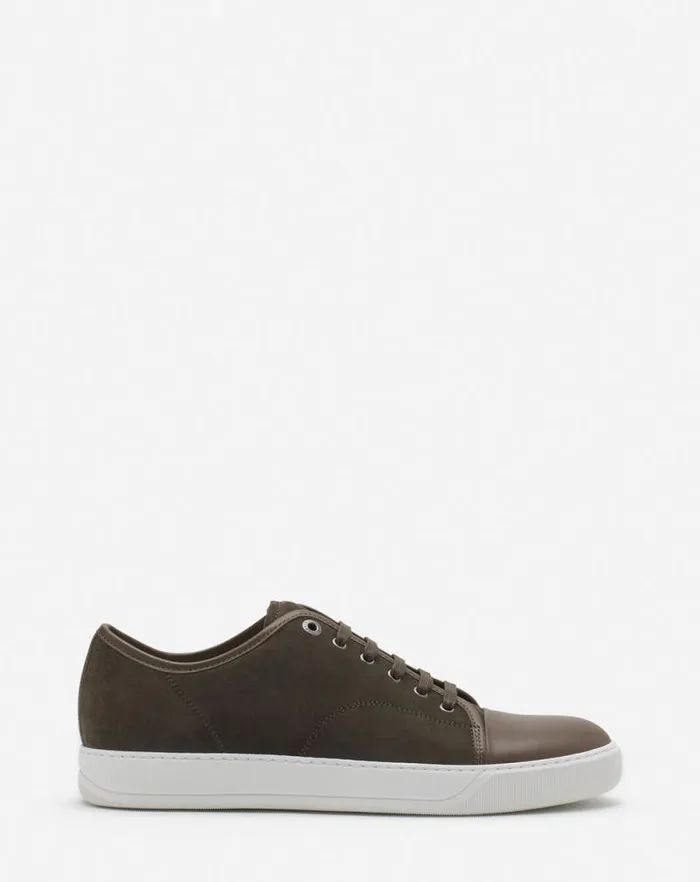 Men Lanvin Sneakers Dbb1 Leather And Suede Sneakers Khakiwhite