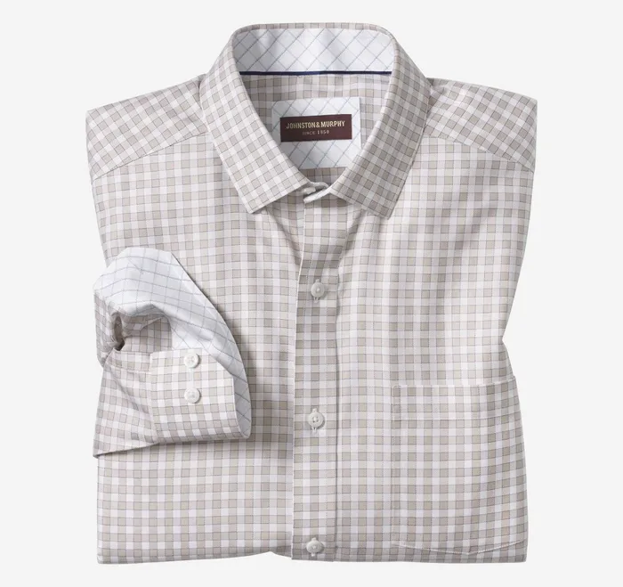 Men NonIron Dress Shirt Tan Twill Gingham JohnstonandMurphy Shirts