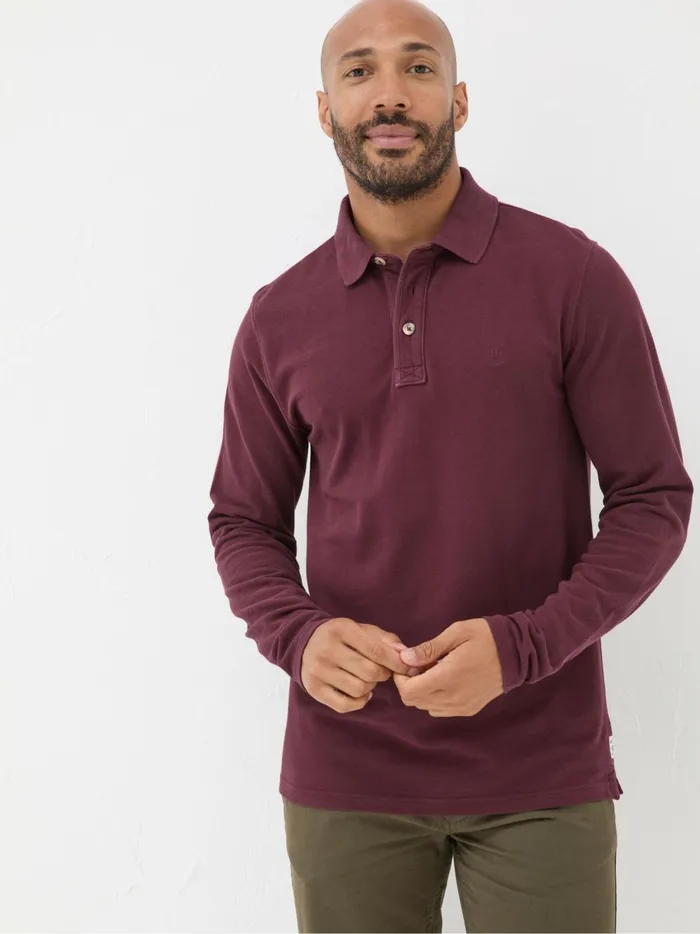 Men Polo Shirts Fat Face Burgundy Red Long Sleeve Organic Pique Polo Shirt