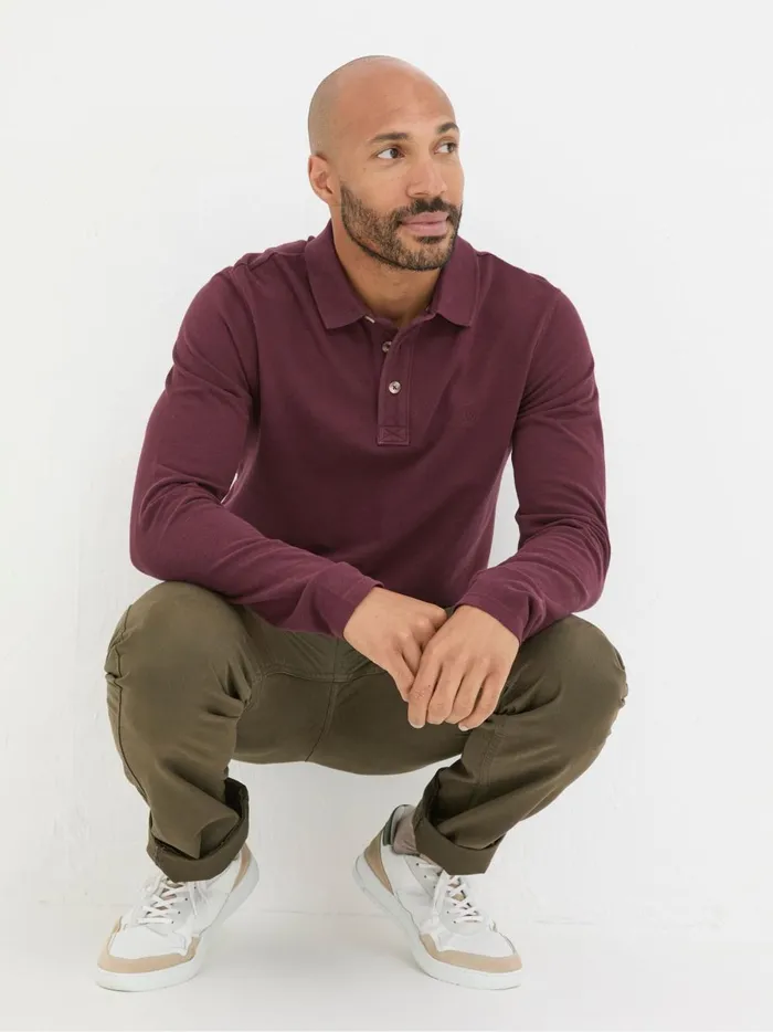 Men Polo Shirts Fat Face Burgundy Red Long Sleeve Organic Pique Polo Shirt