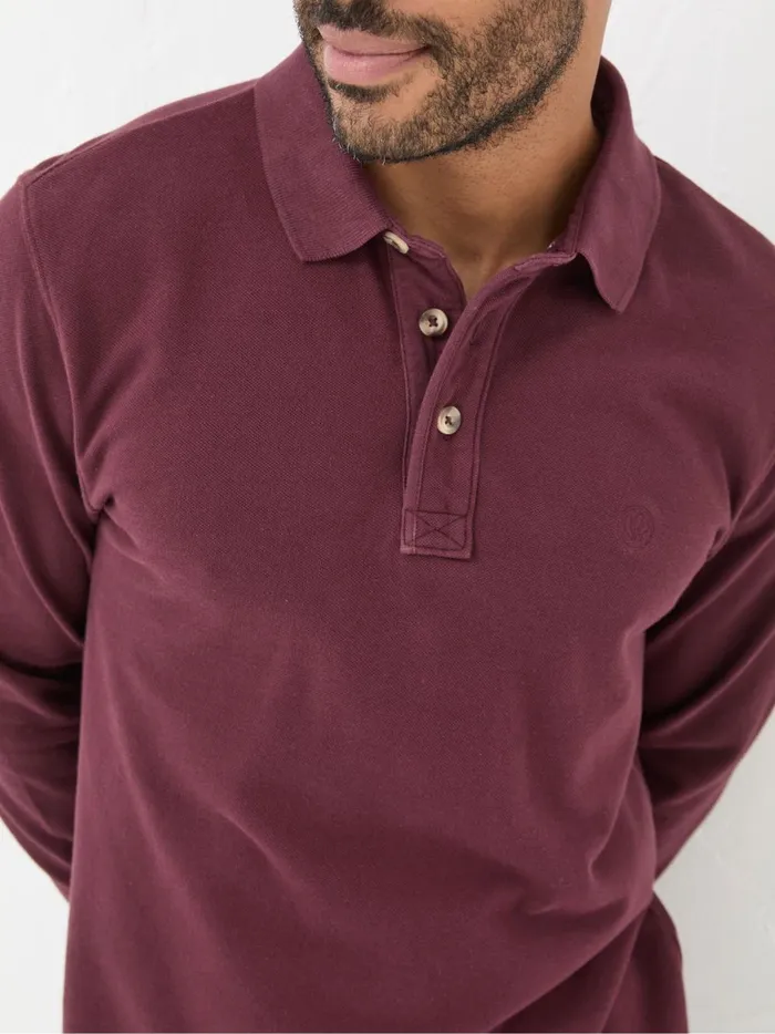 Men Polo Shirts Fat Face Burgundy Red Long Sleeve Organic Pique Polo Shirt