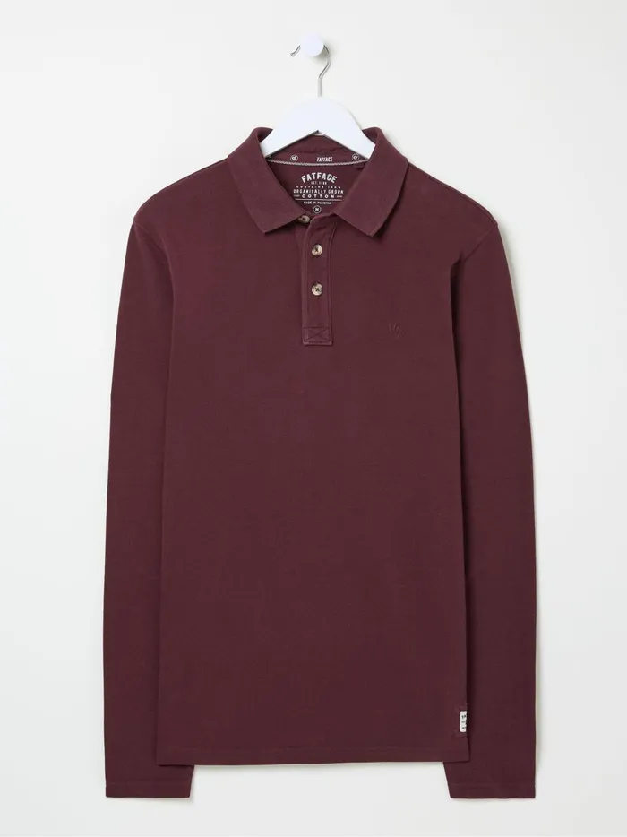 Men Polo Shirts Fat Face Burgundy Red Long Sleeve Organic Pique Polo Shirt