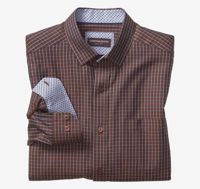 Men Premium Cotton Shirts Rust Twill Windowpane JohnstonandMurphy Shirts