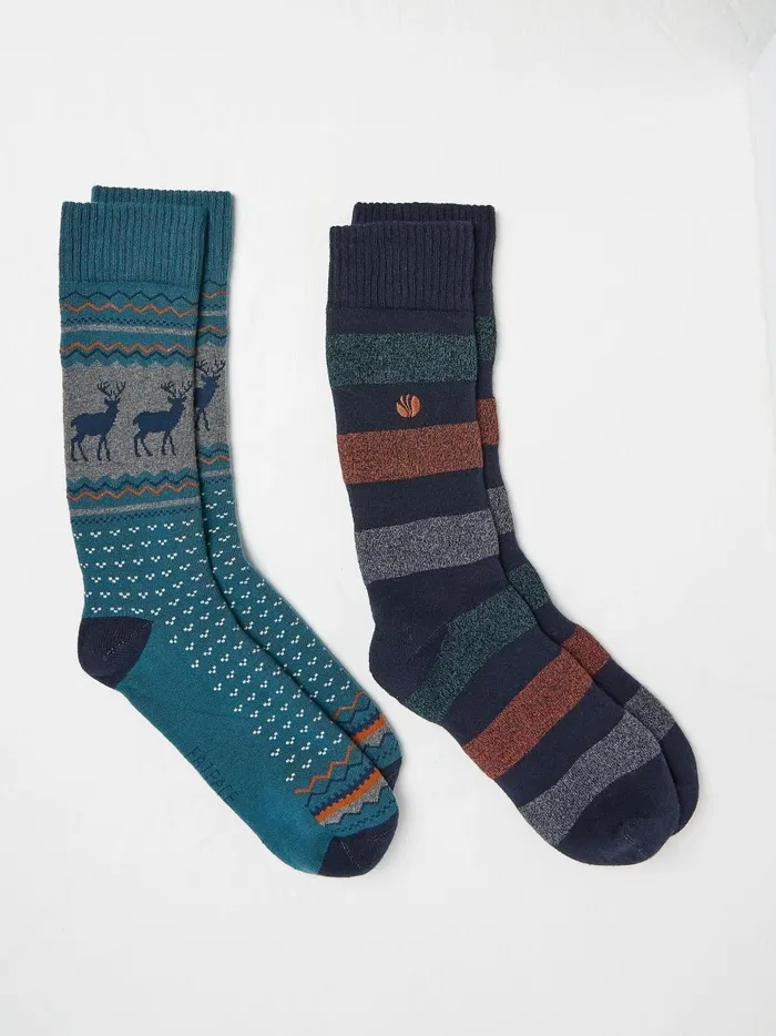 Men Socks Fat Face Blue Teal Stag Thermal Socks 2 Pack