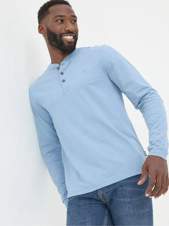 Men TShirts Fat Face Woodside Light Blue Long Sleeve Henley T Shirt