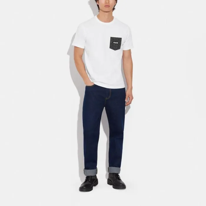 Men Tops and Bottoms Coach Essential Pocket T Shirt In Organic Cotton Whitecharcoal Signature Men Tops and Bottoms Coach Essential Pocket T Shirt In Organic Cotton Whitecharcoal Signature