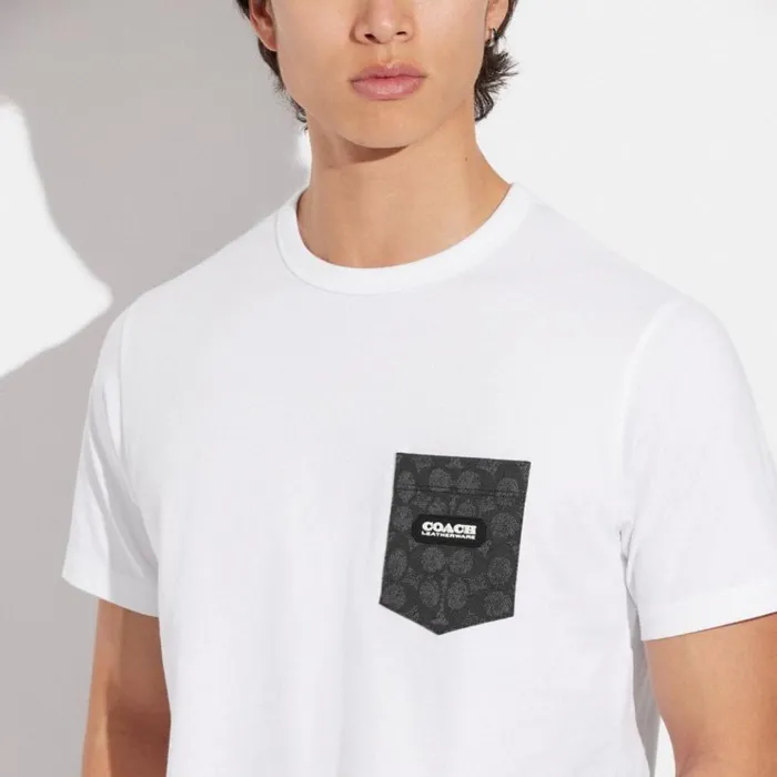 Men Tops and Bottoms Coach Essential Pocket T Shirt In Organic Cotton Whitecharcoal Signature Men Tops and Bottoms Coach Essential Pocket T Shirt In Organic Cotton Whitecharcoal Signature