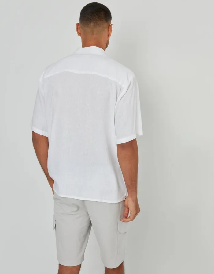 Men White Linen Blend Revere Collar Short Sleeve Shirt Threadbare Shirts Men White Linen Blend Revere Collar Short Sleeve Shirt Threadbare Shirts