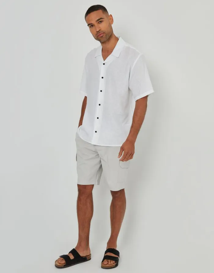 Men White Linen Blend Revere Collar Short Sleeve Shirt Threadbare Shirts Men White Linen Blend Revere Collar Short Sleeve Shirt Threadbare Shirts