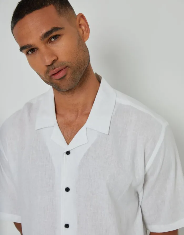 Men White Linen Blend Revere Collar Short Sleeve Shirt Threadbare Shirts Men White Linen Blend Revere Collar Short Sleeve Shirt Threadbare Shirts