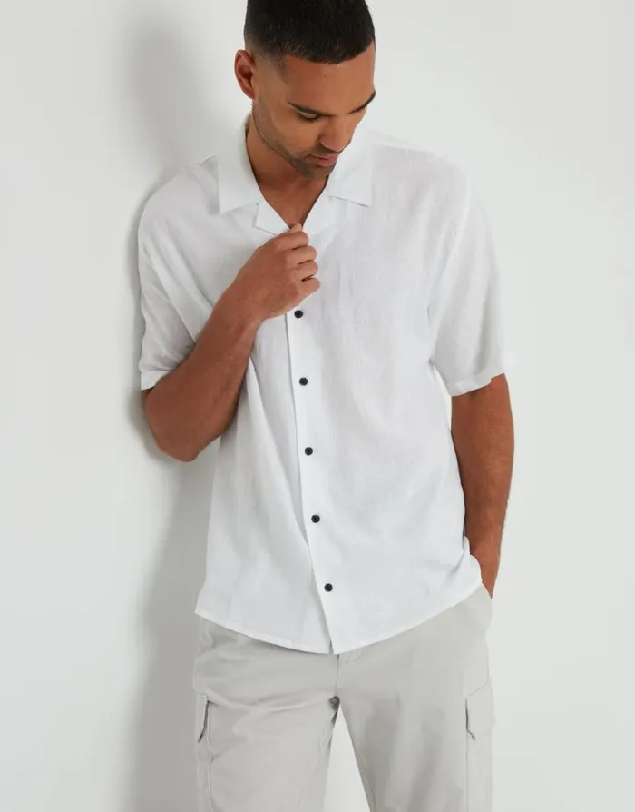 Men White Linen Blend Revere Collar Short Sleeve Shirt Threadbare Shirts Men White Linen Blend Revere Collar Short Sleeve Shirt Threadbare Shirts
