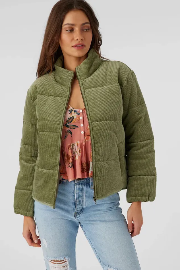 NOVAH CORDUROY QUILTED ZIP JACKET Oil Green Women O039NEILL Clothing