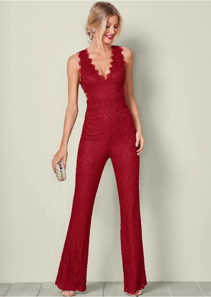OPEN BACK LACE JUMPSUIT Red Women VENUS Occasion Jumpsuits and Rompers
