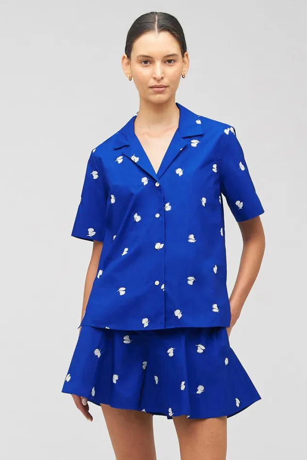 Oroton Embroidered Fruit Camp Shirt Azure Blue Women Tops