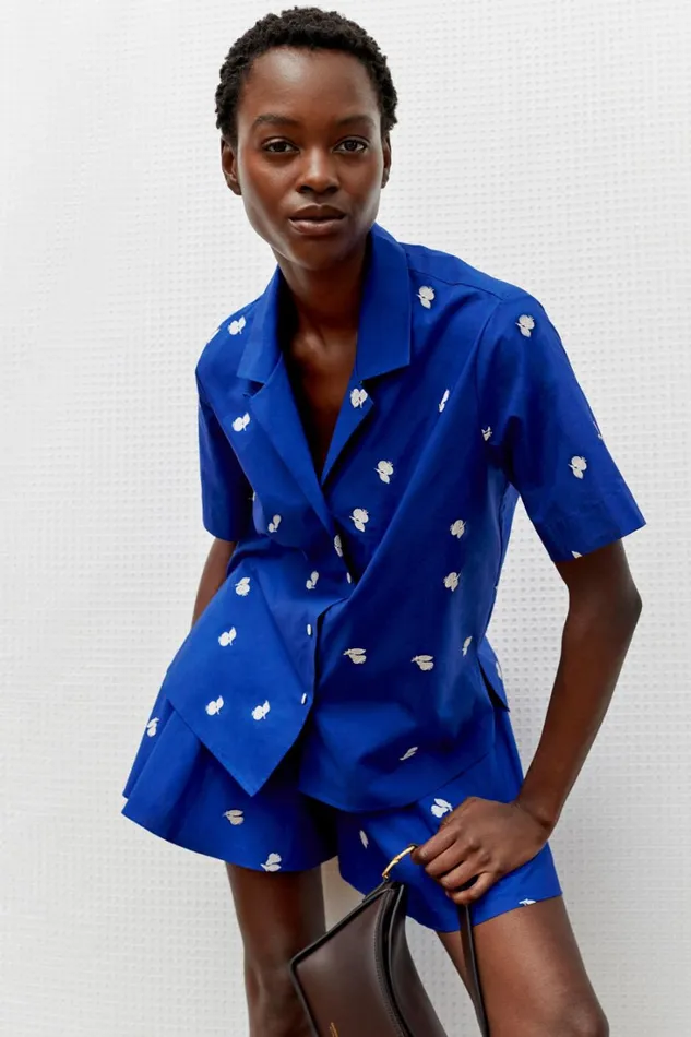 Oroton Embroidered Fruit Camp Shirt Azure Blue Women Tops Oroton Embroidered Fruit Camp Shirt Azure Blue Women Tops