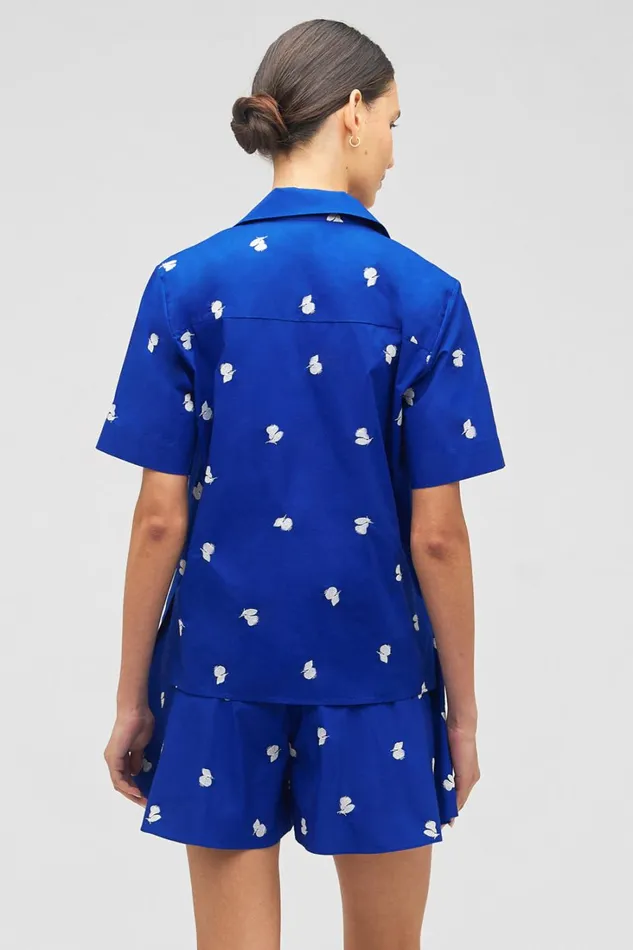 Oroton Embroidered Fruit Camp Shirt Azure Blue Women Tops Oroton Embroidered Fruit Camp Shirt Azure Blue Women Tops